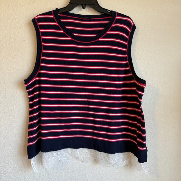 Preppy Sweater Vest Women XL Lace Hem Striped Classic Lightweight Tommy Hilfiger - Picture 1 of 9